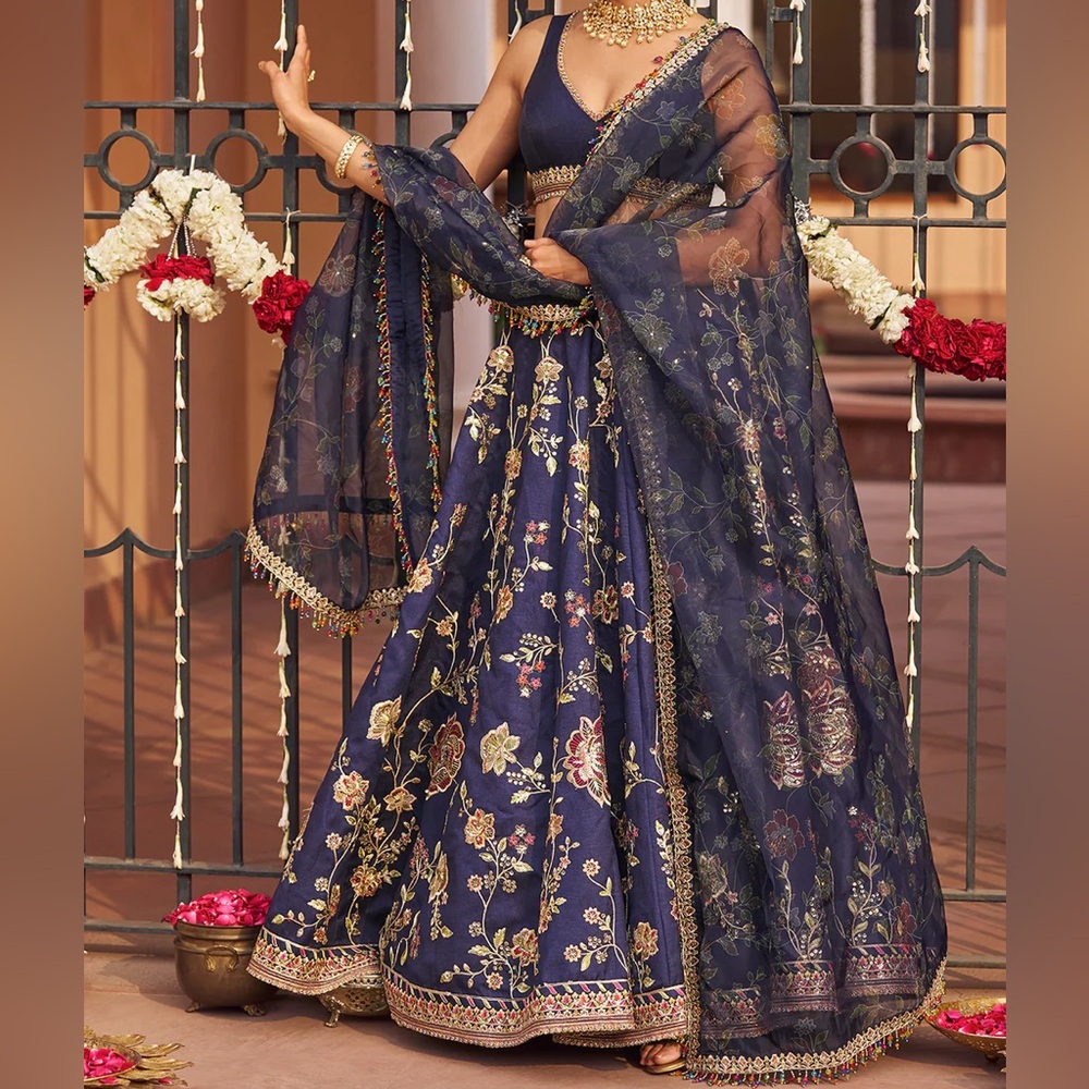 Navy Blue Embroidered Lehenga- custom long sleeves and padding - Indian dress - Picture 4 of 15